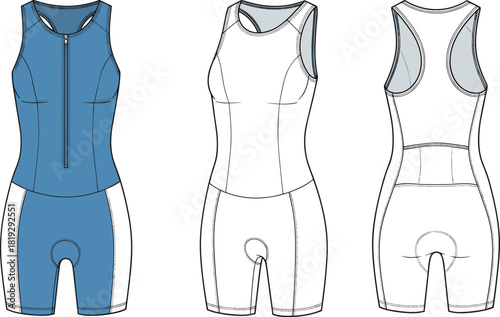 Women's triathlon suit vector illustration, cycling skinsuit technical flat sketch, front back view, half zip racerback, padded chamois, sports activewear template.