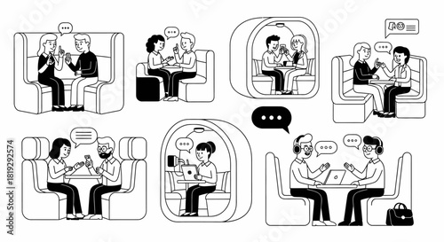 People interacting in various settings using technology and communication.