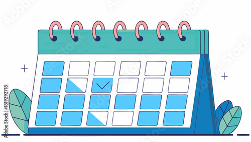 A flat vector illustration of a desk calendar with blue highlighted dates and a checkmark, symbolizing completed scheduling or tasks.