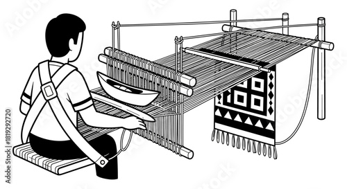 Person weaving a rug on a traditional loom.