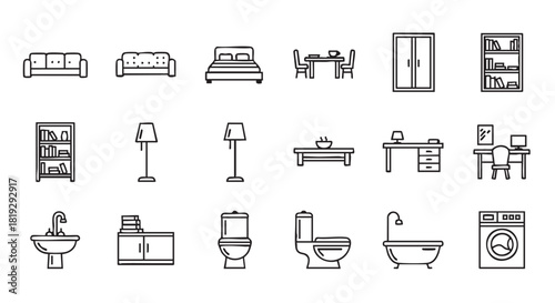 Furniture icon set showcasing home interior elements in simple line art