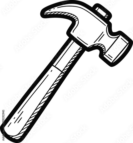 Doodle hammer icon, hand-drawn solid black on white, slightly bent head, simple tool sketch