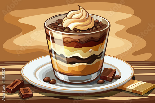  vector of A decadent layered chocolate coffee mousse dessert in a glass with cocoa powder.