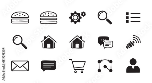 Hand drawn burger search home message icons on white background