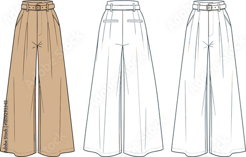 Women's wide leg trousers vector fashion flat sketch, beige high waisted pants with belt, front and back views, technical drawing template