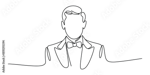 Continuous line drawing of a sophisticated man in a formal tuxedo