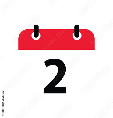 A minimalist red and black icon of a calendar page displays the number 2, suggesting a specific date or day.