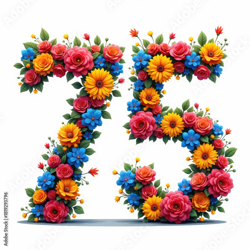 The number 75 is beautifully crafted with colorful flowers on a white background, perfect for a birthday card illustration.