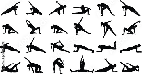 Yoga and fitness silhouettes set, vector collection of women stretching, exercising and doing pilates, black female figures isolated on white background.