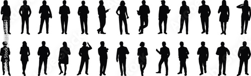 Collection of 24 standing silhouettes in varied poses, gesture diversity, posture reference, casual and professional figure illustration