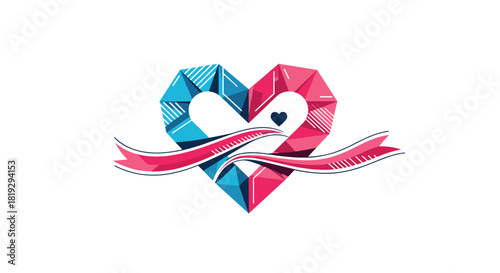 Geometric heart made of blue and pink polygons with a pink ribbon.