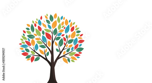 A stylized tree with colorful leaves in shades of red, orange, green, and blue stands against a white background.