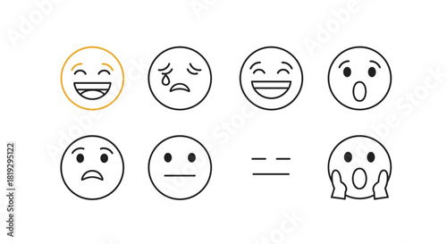 Set of simple line art emojis showing different emotions and reactions.