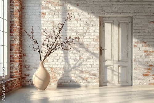 Fototapeta Naklejka Na Ścianę i Meble -  A 3D rendering of a room with a brick wall- a vase with a branch- and a door creates an inviting interior background for stock photos
