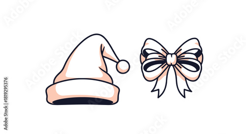 Illustration of a white Santa hat with a pompom and a white ribbon bow on a white background.