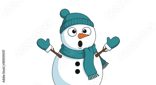Cartoon snowman wearing a hat, scarf, and mittens with a surprised expression.