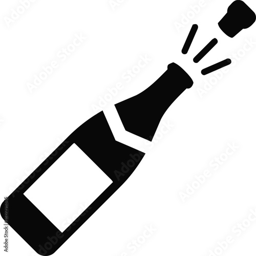 champagne, bottle, cork, popping, exploding, celebration, party, drink, alcohol, beverage, icon, symbol, cheers, event, holiday, festive, happy, congratulations, success, joy, black and white, silhoue