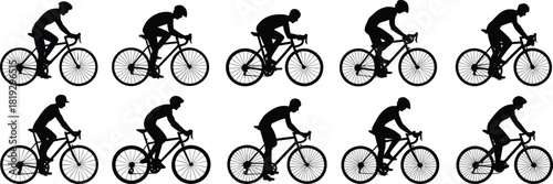 Cyclist silhouette series in motion, dynamic bike poses, sports activity, fitness, speed, teamwork, outdoor exercise, racing, endurance, style
