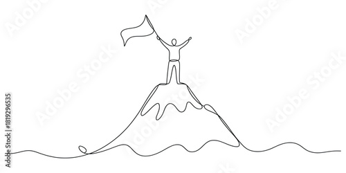 Continuous line art man triumphantly planting flag on mountain