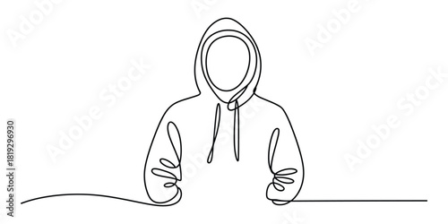 Continuous line drawing of person in hoodie with obscured face