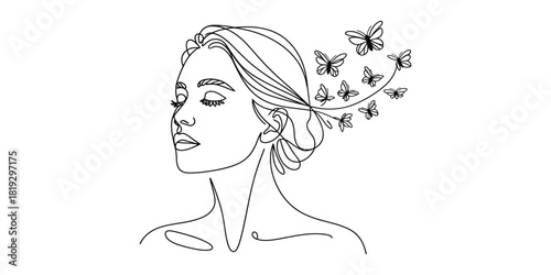 Continuous line art of a woman, eyes closed, with butterflies