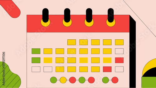 A flat, abstract illustration of a calendar featuring yellow, red, and green highlighted dates, representing various scheduled or tracked events.