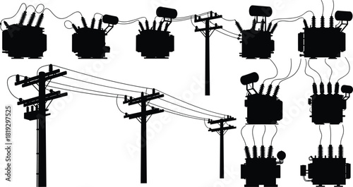 Silhouette vector illustration of utility poles with electrical transformers and wiring—technical infrastructure layout for power distribution, engineering, planning, maintenance, and reference