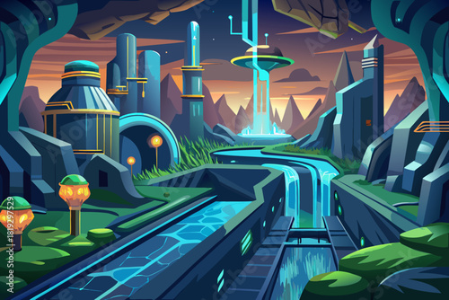 Futuristic underground city powered by geothermal energy vector illustration