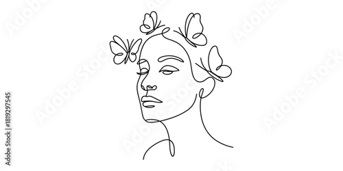 One line art of woman's face with butterflies, minimalist design.