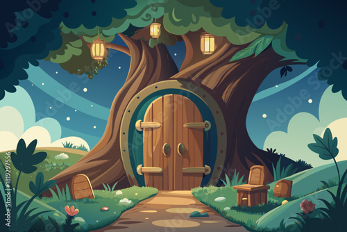 Storybook illustration of a tiny secret door in a tree trunk vector illustration