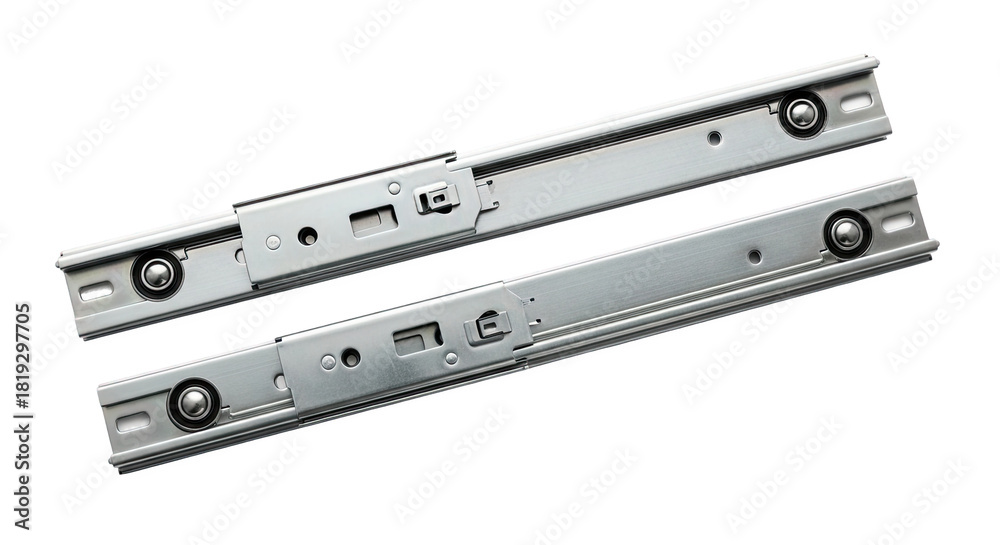 Obraz premium Metal drawer slides with ball-bearing rail system and mounting holes—silver finish, durable and smooth-operating. Essential hardware for cabinetry and furniture assembly