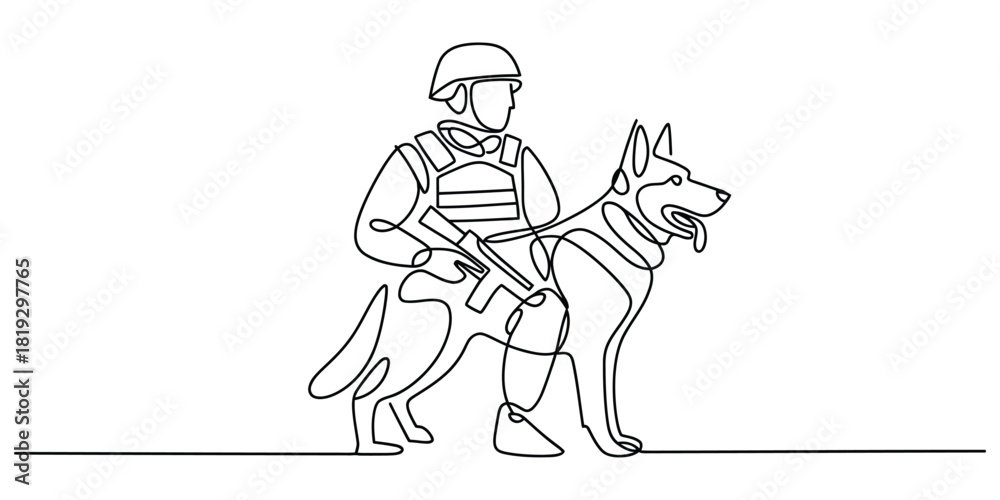Fototapeta premium Soldier or police officer with k9 dog, continuous line drawing