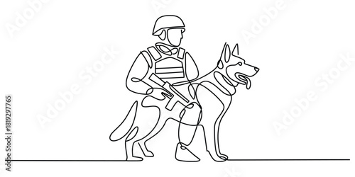 Soldier or police officer with k9 dog, continuous line drawing