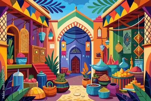Vibrant depiction of a traditional Moroccan souk market vector illustration