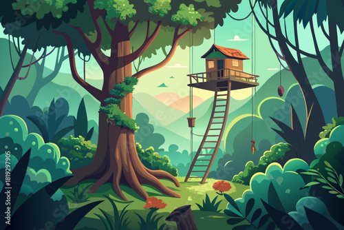Tranquil forest scene featuring a hidden treehouse vector illustration