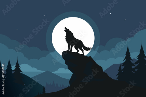Silhouette of a werewolf howling on a rock in a dark forest vector illustration