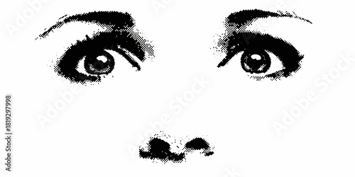 Halftone portrait fragment eyes and nose in black and white