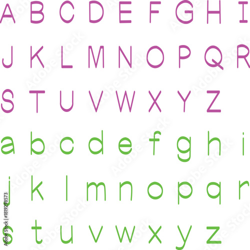 Complete alphabet set in uppercase and lowercase with gradient color effect.
