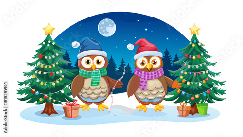 Cartoon Christmas owls wearing tiny scarves while decorating a glowing pine tree in the moonlit forest