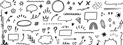 doodle, hand drawn, sketch, drawing, element, symbol, icon, arrow, speech bubble, cloud, star, heart, question mark, exclamation mark, check mark, cross, rainbow, crown, circle, oval, hashtag, curly b