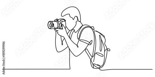 Minimalist line art of photographer with camera and backpack