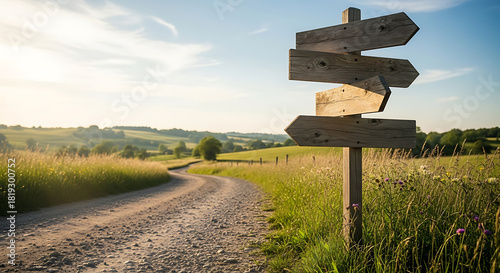 Wooden signpost with multiple arrows pointing in different directions on a rural path