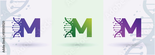  Letter M DNA helix monogram logo biotech genetics medical laboratory science brand identity alphabet