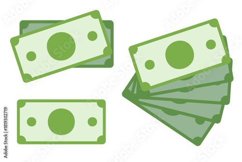 Blank cash money currency note template design in green color. Several bills fanned out. Green currency bank note, cash and money symbol. Flat illustration