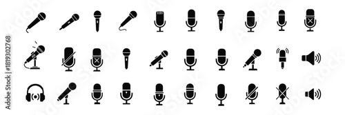 Collection of microphone icons isolated on white background for audio recording