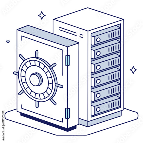 Secure server rack inside an open vault representing data protection and cybersecurity safety