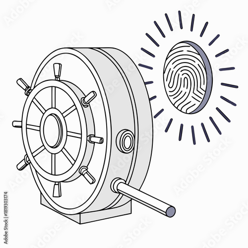 Secure vault door with a spinning wheel and a glowing fingerprint scanner for biometric access