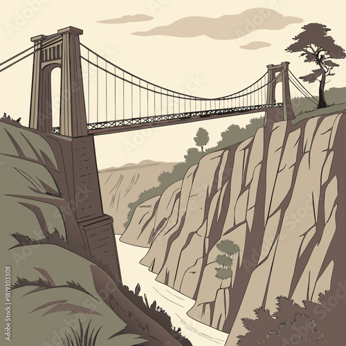 Iconic suspension bridge spans a dramatic gorge with a flowing river below in sepia tones