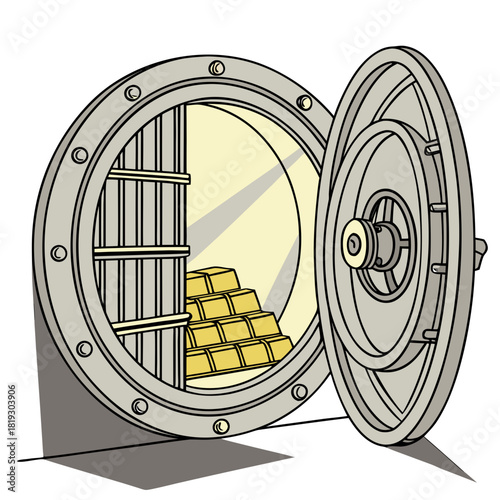 Open vault door revealing a treasure trove of stacked gold bars and a secure storage area