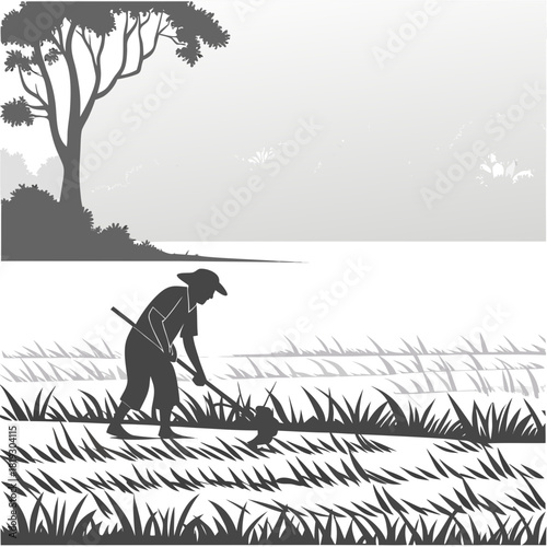 Silhouette of a farmer working in a field with a hoe under a large tree and distant landscape